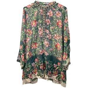 JOHNNY WAS Silk Floral Print Tunic Top Blouse Size M Boho Cottage Resortwear
